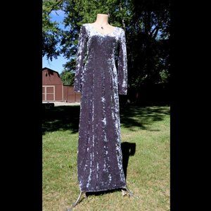 MISTY SILVER Crushed VELVET Maxi Dress M Long Sleeve MAXI Gray Ice Queen V-Neck